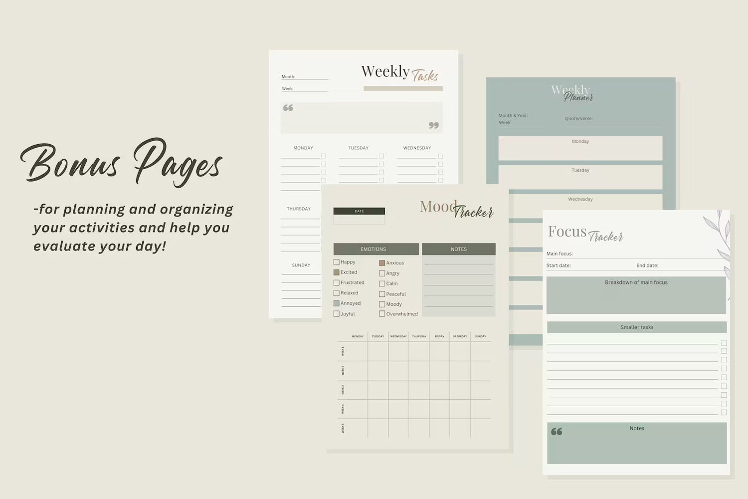 Collection of religious planning and organizing sheets with text on a beige background