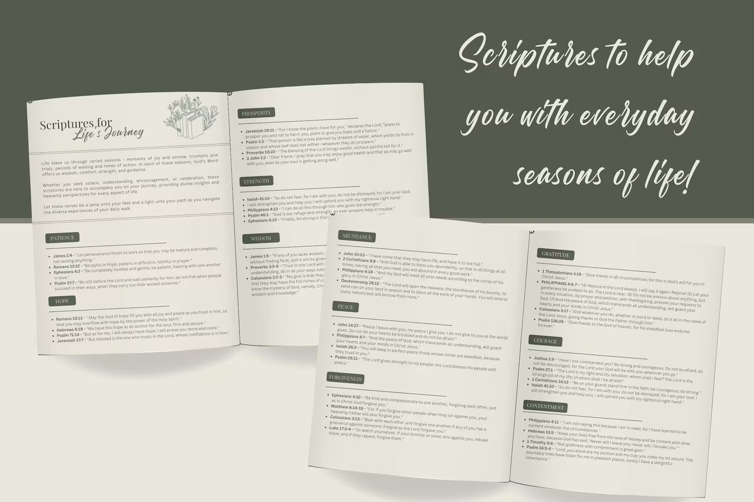 Open book with text on a white background, featuring scriptures.