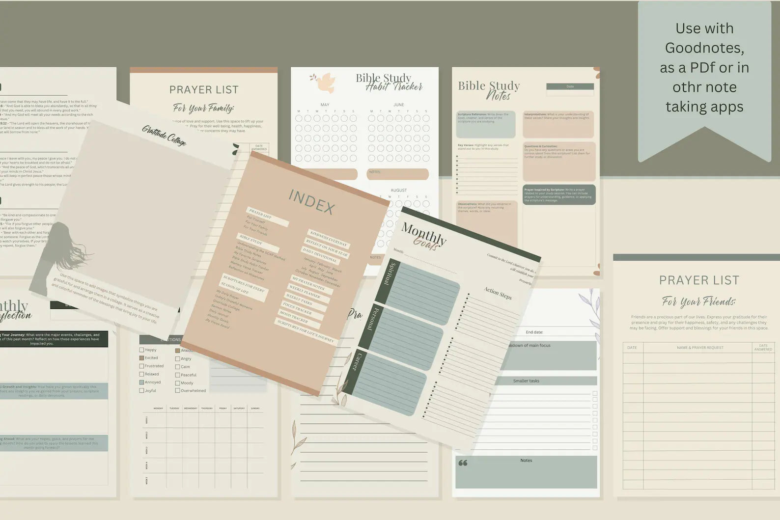 Collection of religious planner sheets with various sections on a neutral background